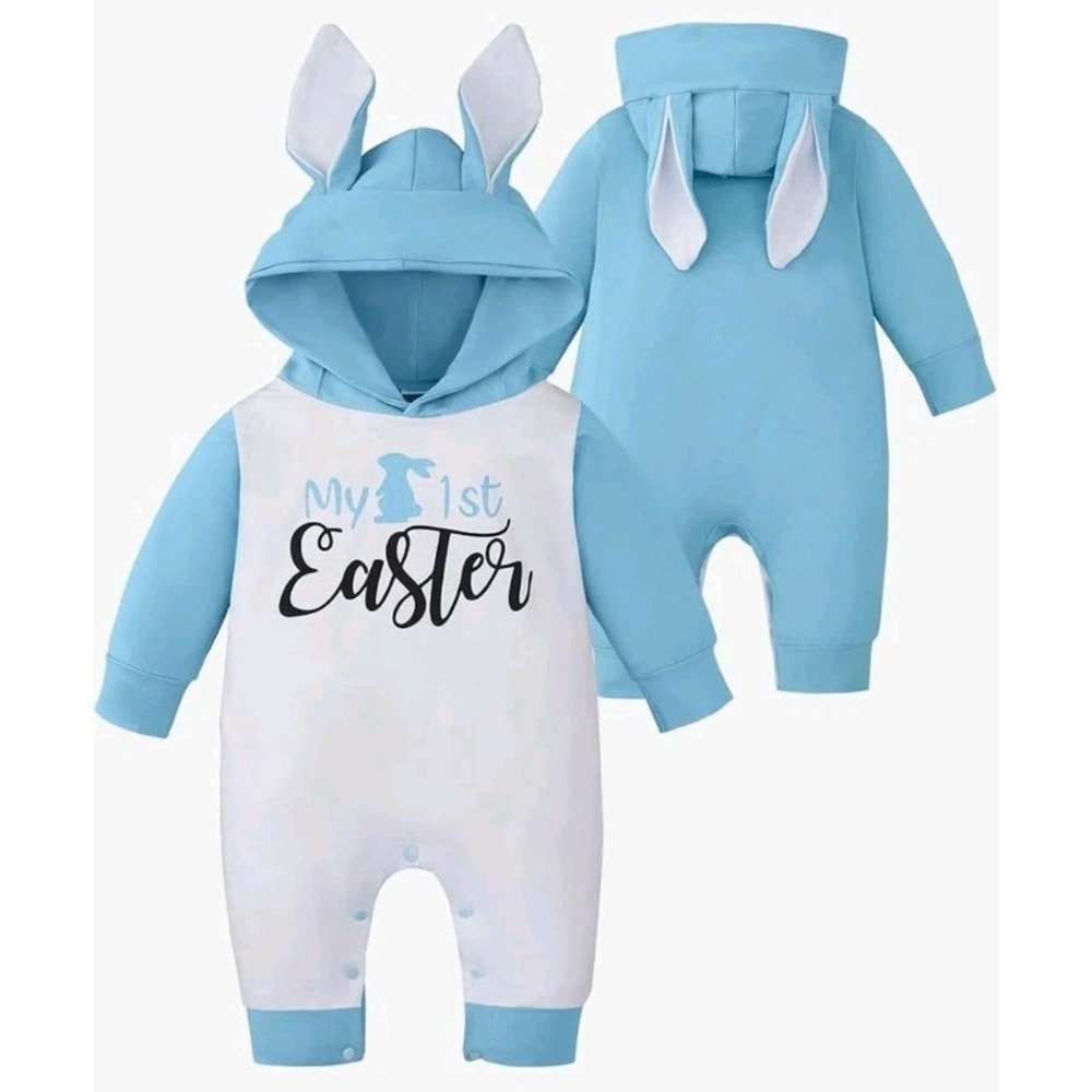 My First Easter Baby Boy Hooded Romper Bunny Ears Outfit Blue White 12-18M